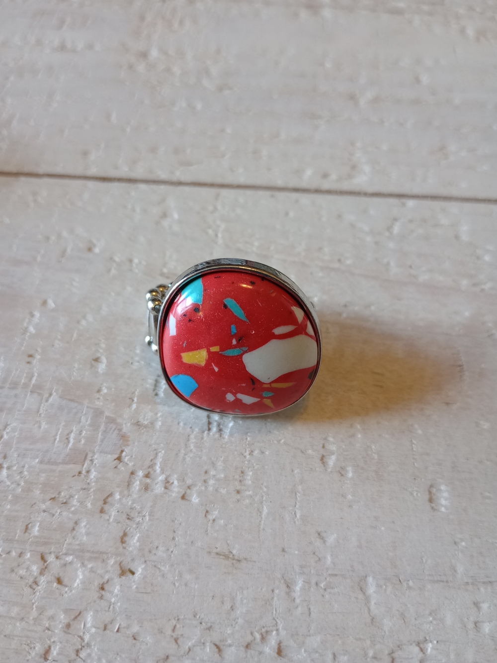 paparazzi Red Abstract Adjustable Ring with Blue and Yellow Accents